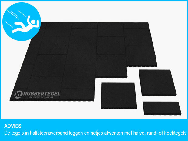 RubbertegelXL - Rubberen Speelplaatstegel 50x25 cm Half Zwart met pen/gatverbinding - Legadvies