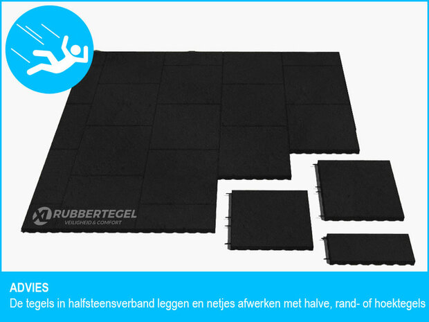 RubbertegelXL - Rubberen Speelplaatstegel - 50x50x10 cm Zwart - met Pen/Gatverbinding - Advies